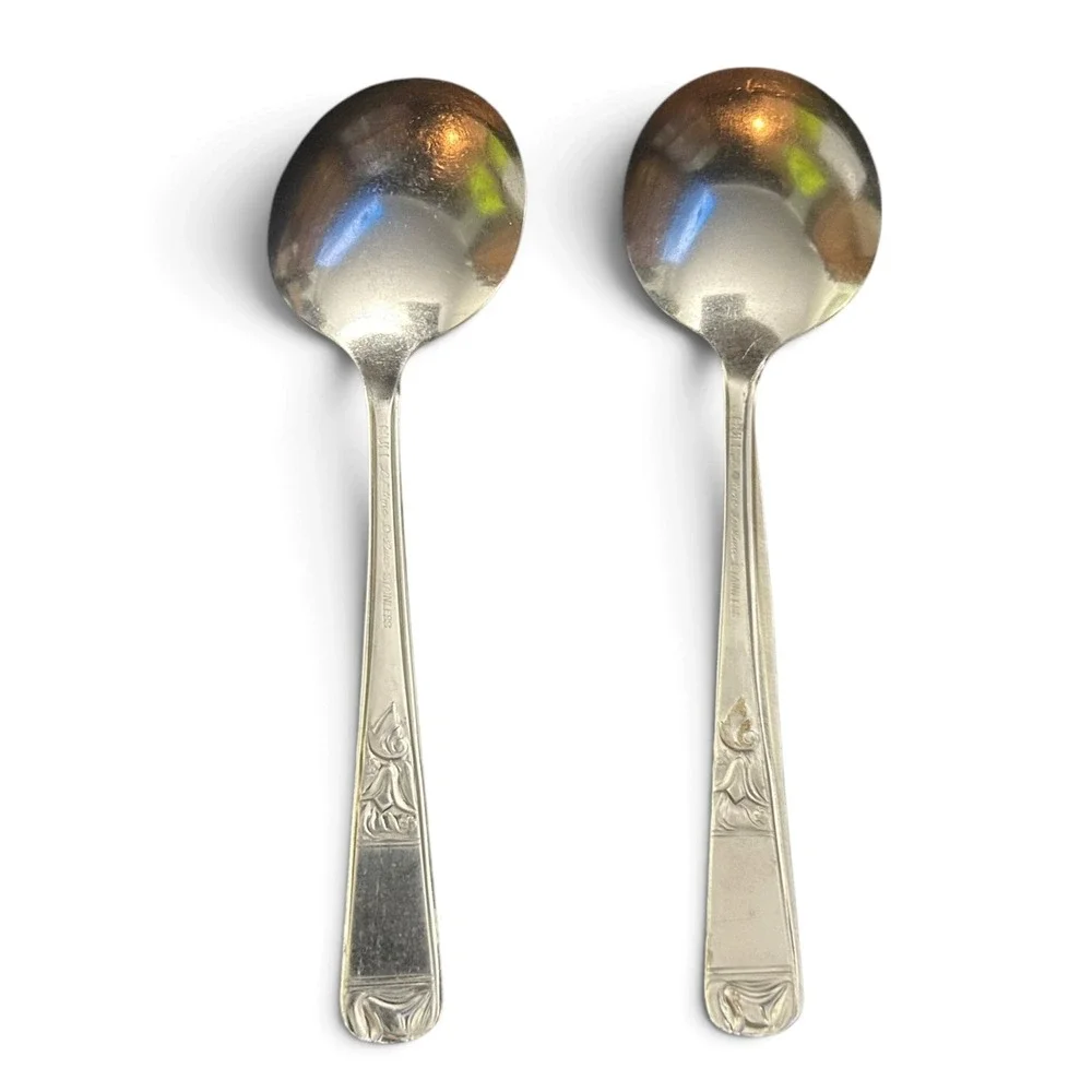 Set of 2 Vintage Hull Lifetime Deluxe Stainless Steel Oval Soup Spoons Tulip